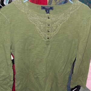 Chaps Olive Green Embroidered Henley Long Sleeve Top